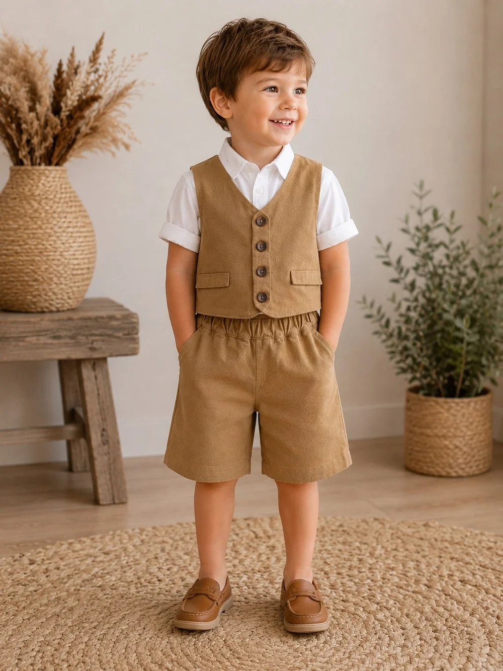 NWT Mimii 2-Piece Vest & Shorts Set 3T Brown Designer Quiet Luxury Normcore